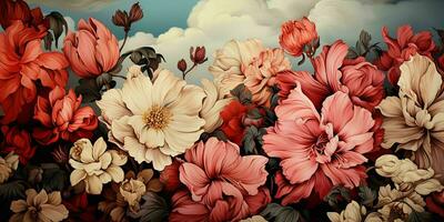 AI generated Beautiful Blooming Flowers Illustration in Vintage Art Style. Exotic Floral Background. Generative AI photo