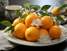 ai generado Fresco naranjas en un plato con hojas. generativo ai foto