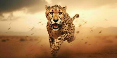 ai generado un leopardo corriendo en el Desierto con tormenta detrás. generativo ai foto