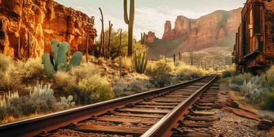 AI generated Rusty Railroad Track on Western Desert. Abandoned Train Track. Generative AI photo