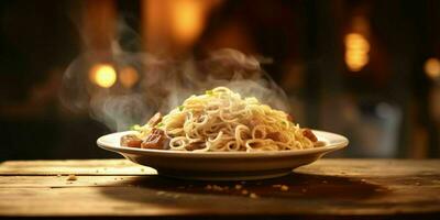 AI generated Delicious Fried Noodle with Smoky Effect on a Wooden Table. Generative AI photo