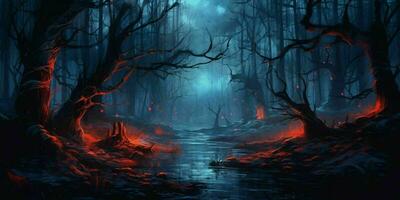 ai generado noche y melancólico fantasía bosque escena. generativo ai foto