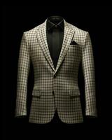 AI generated Elegant Beige Men's Suit with Gingham Motif Isolated on Black Background. Generative AI photo