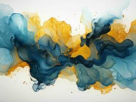 AI generated Blue and Gold Paint Splash and Texture on White Background. Paint Stain. Generative AI photo