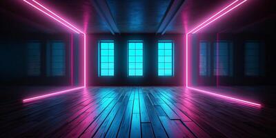 AI generated Modern Dark Room with Glowing Neon Lines with Retro 80s Style. Futuristic Interior with Laser Effect. Generative AI photo