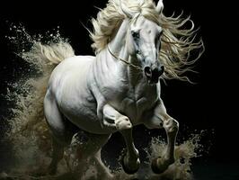 AI generated Strong White Horse Galloping with Water Splashes on Black Background. Generative AI photo