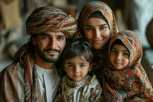 AI generated Portrait of a Happy Asian Muslim Family in Traditional Clothes. Generative AI photo