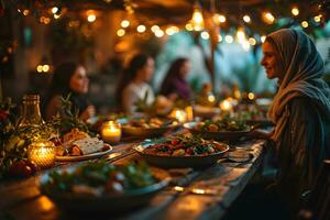 AI generated Arab Muslim women gather together during Ramadan with delicious dishes on the table. Iftar Dinner. Generative Ai photo