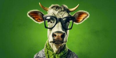 AI generated Portrait of Cool and Funny Cow Wearing Glasses in Studio Background. Generative AI photo