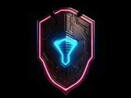 AI generated Modern and Futuristic Shield on Black Background. Shield in Fantasy Game Style. Generative AI photo