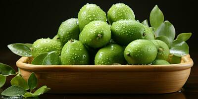 AI generated Fresh Feijoa Fruit with Water Drops Isolated on Black Background. Acca Sellowiana. Generative AI photo