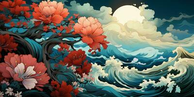 AI generated Beautiful Flower and Wave Background with Hokusai Art Style. Generative AI photo