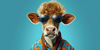 AI generated Portrait of Cool and Funny Cow Wearing Glasses in Studio Background. Generative AI photo