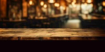 AI generated Empty Wooden Table with Bokeh Cafe Background and Golden Lights. Generative AI photo