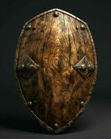 AI generated Medieval Wooden Shield with War Torn Mark. Generative AI photo