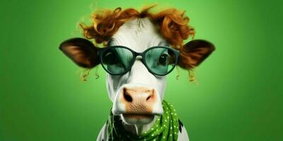 AI generated Portrait of Cool and Funny Cow Wearing Glasses in Studio Background. Generative AI photo