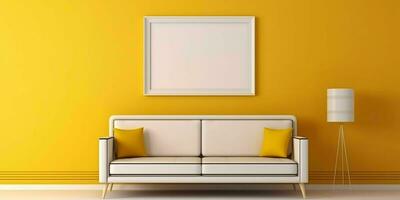 AI generated Minimalist Yellow Living Room Interior Design with Blank White Picture Frame Mockup. Generative AI photo
