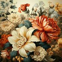 AI generated Beautiful Blooming Flowers Illustration in Vintage Art Style. Exotic Floral Background. Generative AI photo