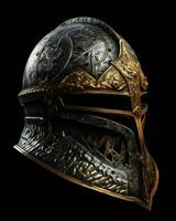 ai generado hierro medieval guerra casco aislado en negro antecedentes. generativo ai foto