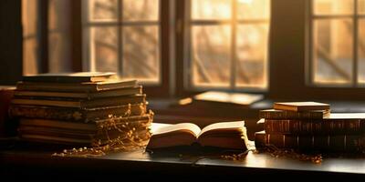 ai generado apilar de libros en un de madera mesa con ventana y luz de sol en el antecedentes. generativo ai foto