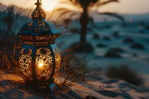 AI generated Arabic Lantern in the Desert at Sunset. Ramadan Kareem Background. Muslim Holy Month. Generative Ai photo