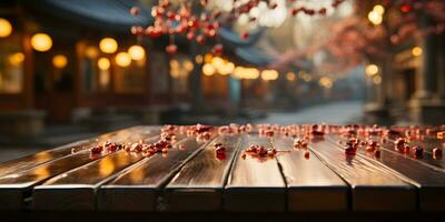 AI generated Empty Wooden Table with Blurred Ancient Chinese Town Background, Decorated with Hanging Lanterns. Generative Ai photo