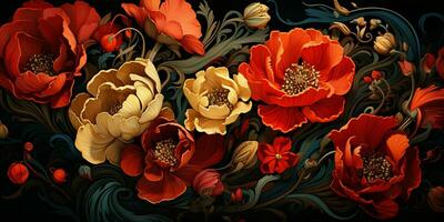 AI generated Beautiful and Elegant Flowers Bloom in Nouveau Art Style. Floral Illustration. Generative AI photo