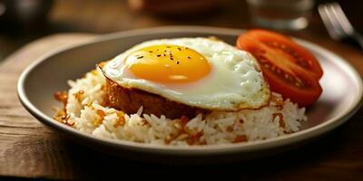 AI generated Delicious fried rice with a sunny side up egg, served on a white plate with a wooden table background. Generative AI photo