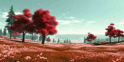 AI generated Illustration of Trees with Red Leaves in a Large Grass Field. Beautiful Landscape. Generative AI photo