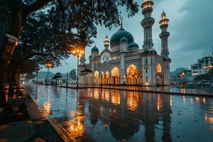 ai generado hermosa mezquita con un atmósfera después el lluvia, en el tarde. generativo ai foto