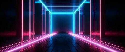 AI generated Modern Dark Room with Glowing Neon Lines with Retro 80s Style. Futuristic Interior with Laser Effect. Generative AI photo