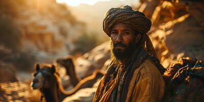 ai generado medio oriental hombre con su camellos en el Desierto a puesta de sol. generativo ai foto