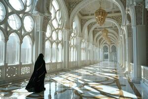 ai generado muslimah con niqab camina en el lujoso interior de un mezquita. musulmán mujer a mezquita. generativo ai foto