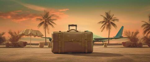 AI generated Suitcase in Airport with Tropic Beach Background. Generative AI photo