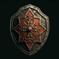 AI generated Rusty Medieval Shield with War Torn Effect Isolated on Black Background. Generative AI photo