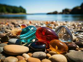 ai generado vistoso mar vaso en el playa. piedra preciosa. generativo ai foto