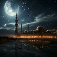 AI generated Elegant Mosque Illustration at Night with Big Moon and Fantasy Sky. Generative Ai photo