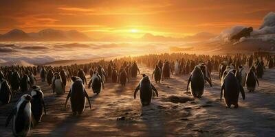 AI generated Penguin Colony on the Beach with Beautiful Sunset View. Generative AI photo