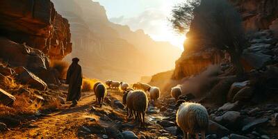 ai generado un medio oriental hombre manadas un rebaño de oveja en un Desierto Valle a puesta de sol. generativo ai foto