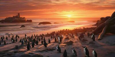 AI generated Penguin Colony on the Beach with Beautiful Sunset View. Generative AI photo