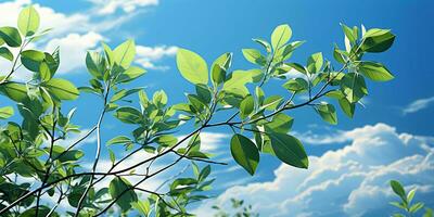 AI generated Fresh Green Leaves with Cloudy Blue Sky View. Generative AI photo