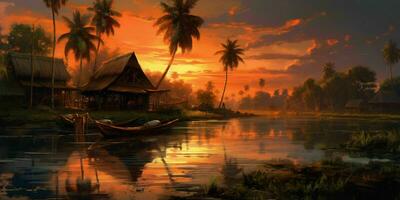 AI generated Beautiful Landscape of Village with with Coconut Tress at Sunset. Generative AI photo