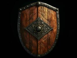 AI generated Medieval Wooden Shield with War Torn Mark. Generative AI photo