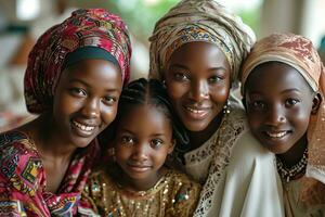 ai generado retrato de un contento africano musulmán familia en tradicional ropa. generativo ai foto