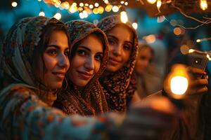 ai generado grupo de contento musulmán mujer vistiendo hijab tomando selfie con móvil teléfono a puesta de sol. generativo ai foto