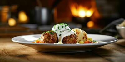 AI generated Delicious Meatballs with Sauce Served on a Plate. Generative AI photo