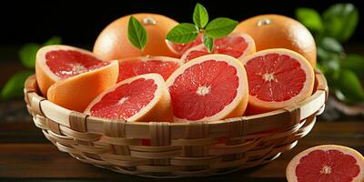 AI generated Sliced Fresh Grapefruits with Water Droplets. Pomelo Fruits. Generative AI photo