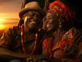 ai generado romántico mayor africano Pareja abrazando cada otro con puesta de sol vista. generativo ai foto