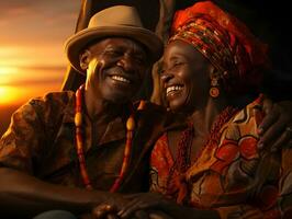 AI generated Romantic Elderly African Couple Embracing Each Other with Sunset View. Generative Ai photo