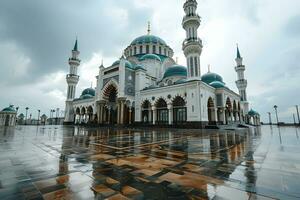 ai generado hermosa mezquita con un atmósfera después el lluvia, en el tarde. generativo ai foto